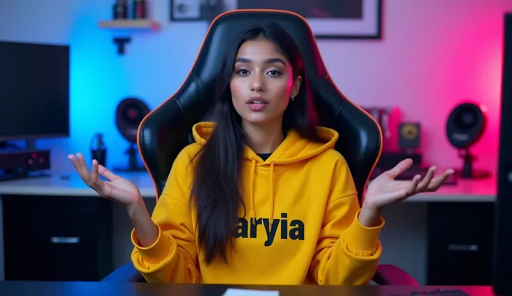 An Bangladeshi beauty girl sitting confidently on a modern gaming chair in her youtube studio. She is wearing a bright yellow hoodie with Fariya boldly printed on it.Her face is clearly visible. The girl is gesturing with her hands, as if explaing somethig...