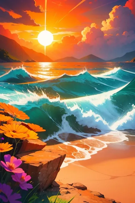 creates the image of a sunset. The sun is in the center of the image with a bright orange color. The sun is above the sea and there are several clouds of orange, blue and purple colors. The image is beautiful, it conveys peace and calm, the style of the im...