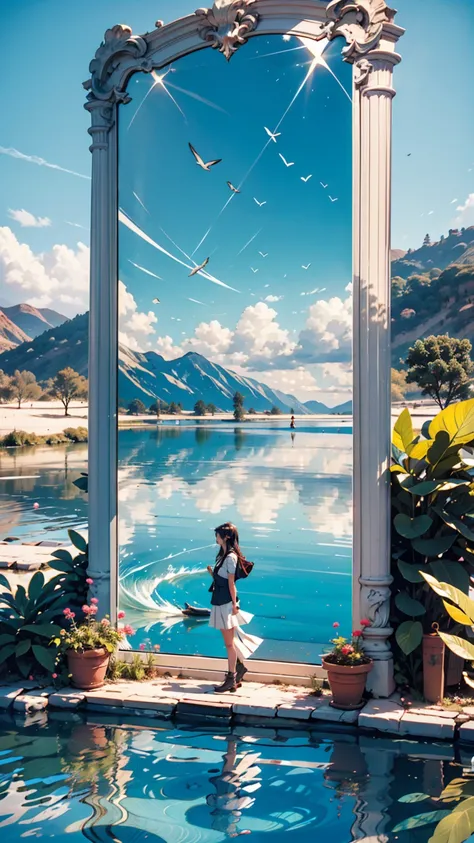  Uyuni Salt Lake、Forever horizontal 、 a mirror-like lake without a single wave、very shallow 、 the lake surface reflects the blue sky like a mirror、A white woman stands on the surface of the lake 