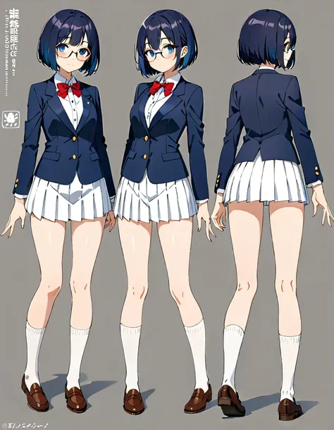 masterpiece, best quality, 1girl, solo, solo focus, brown shoes, matching shoes, white socks, matching socks, (blazer, blue blazer, white shirt), (red bow, bowtie), (white skirt, pleated skirt, miniskirt), glasses, standing, (dark blue hair, short hair, bo...