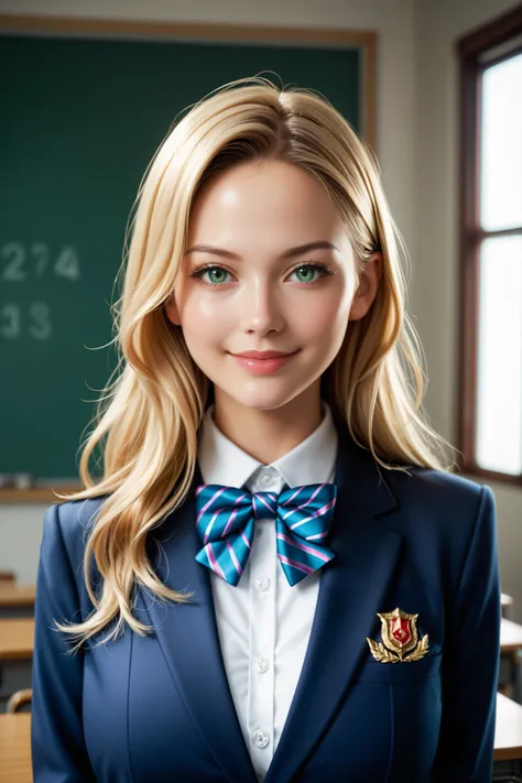 score_9, score_8_up, score_7_up, source_real, high resolution picture, super detailed, BREAK A breathtakingly beautiful woman, long hair, silky blonde hair, wearing a modern school uniform, blazer with intricate gold embroidery, bowtie, smirk, soft lightin...