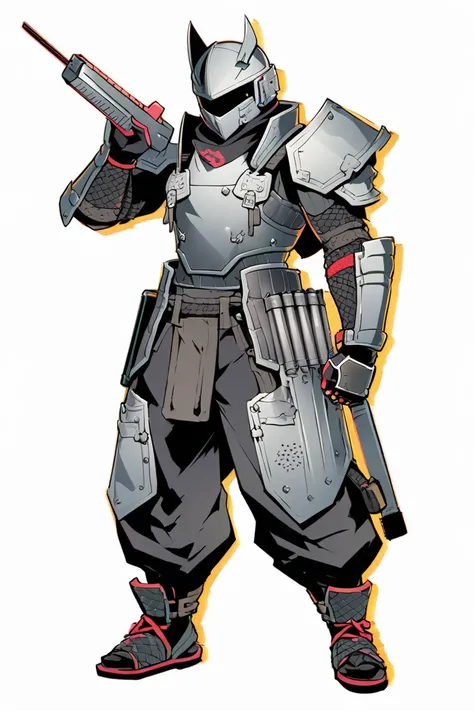  cyberpunk ninja action novel。solo ninja 。((white background illustration ))。(( full body illustration))。(( standing))。steel armor。Ninja costume in the style of a body armor jacket。A ninja costume in the style of a 。Electrodes like stun guns stick out of b...