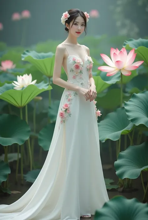 a woman in an elegant, flowing white gown adorned with floral designs. She is standing in a serene environment surrounded by large lotus flowers in various colors, including white and red, along with broad green leaves. The setting resembles a tranquil gar...