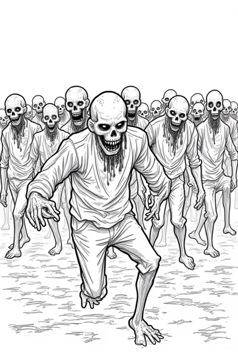 Scary zombie hoard for colouring book, black and white, black outline