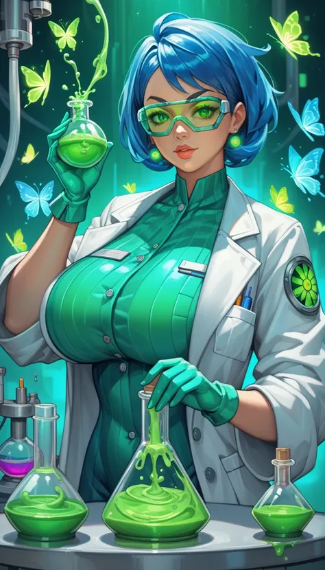 ((Huge breast)), ((An anime-style depiction of a genius female scientist with vibrant short blue hair tied into wearing stylish green-tinted goggles)), ((her white lab coat flares dramatically, and glowing green butterflies orbit her hands, creating a magi...