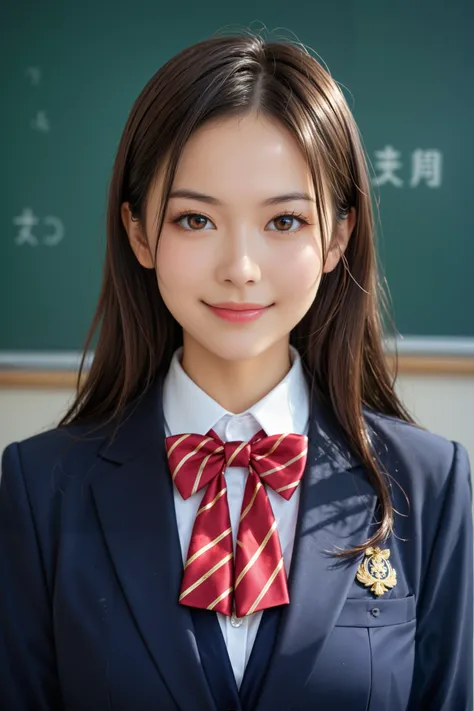 score_9, score_8_up, score_7_up, source_real, high resolution picture, super detailed, BREAK A breathtakingly beautiful Japanese woman, long hair, silky dark brown hair, wearing a modern school uniform, blazer with intricate gold embroidery, bowtie, smirk,...