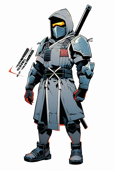  cyberpunk ninja action novel。solo ninja 。((white background illustration ))。(( full body illustration))。(( standing))。steel armor。Ninja costume in the style of a body armor jacket。A ninja costume in the style of a 。folding combat baton。