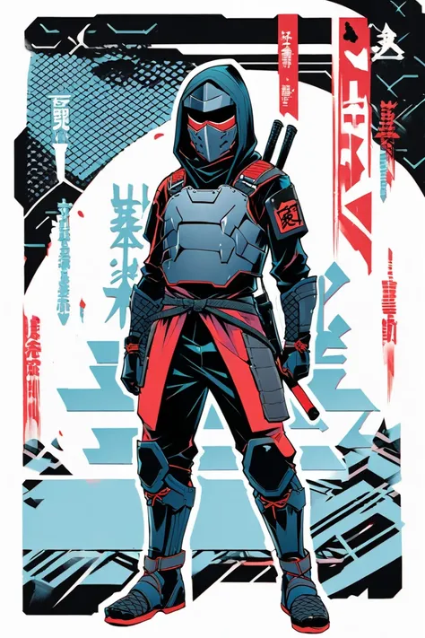  cyberpunk ninja action novel。solo ninja 。((white background illustration ))。(( full body illustration))。(( standing))。steel armor。Ninja costume in the style of a body armor jacket。A ninja costume in the style of a 。folding combat baton。