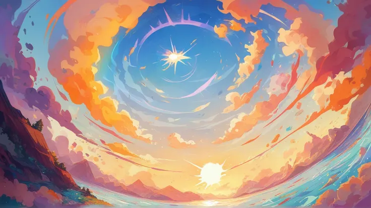 creates the image of a sunset. The sun is in the center of the image with a bright orange color. The sun is above the sea and there are several clouds of orange, blue and purple colors. The image is beautiful, it conveys peace and calm, the style of the im...