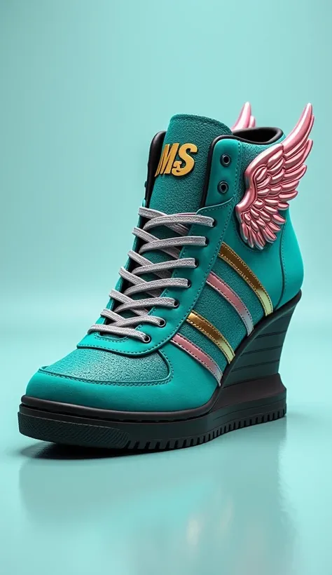 

Create hyper realistic image of a pair right and left shoes in vibrant dark turquoise high-top sneaker with a high wedge heels. It features a unique design with a wing motif on the side, outlined in silver-pink. The upper part of the shoe has a textured,...