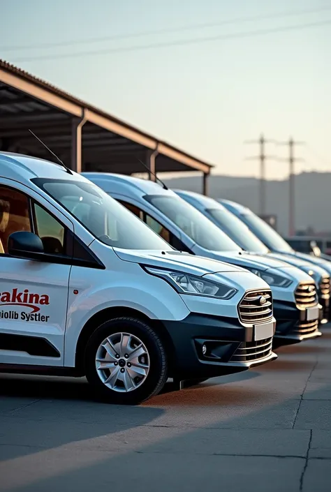 Create an image of several Ford Connect service vehicles parked side by side, with only the 'Ramakina Hidrolik Sistemler' logo on each vehicle. The vehicles should have a simple, clean design with no additional patterns or shapes. The scene should be set i...