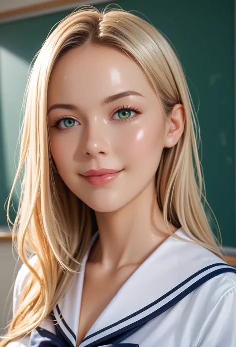 score_9, score_8_up, score_7_up, source_real, high resolution picture, super detailed, BREAK A breathtakingly beautiful woman, long hair, silky blonde hair, wearing a modern school uniform, sailor uniform, suit made of textured fabric with fine stitching, ...