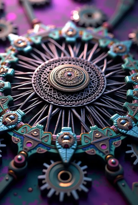 Mechanical mandala, vibrant purple and green metallic colours, 3d in depth design