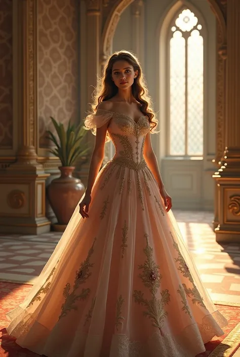 A girl wearing beautiful Princess dress in castle and dancing 