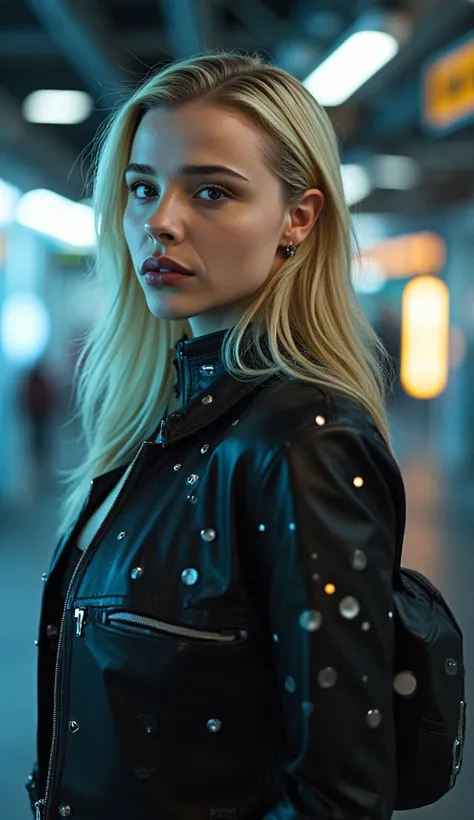 front view portrait of a blonde cybernetic woman in a cyberpunk setting
