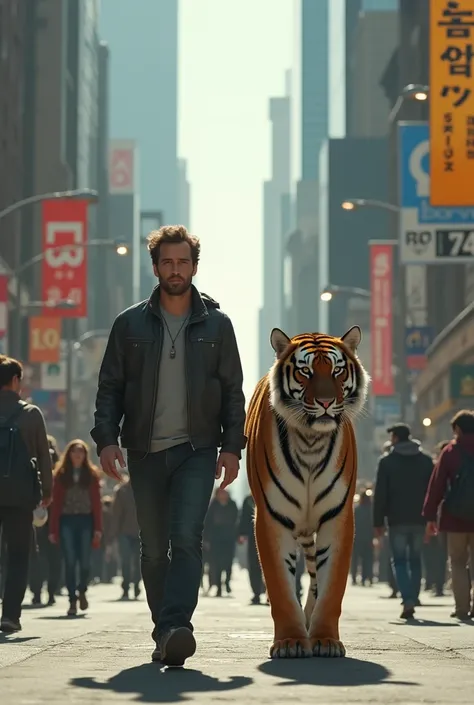 a man is walking with a medium-sized tiger in the middle of the city