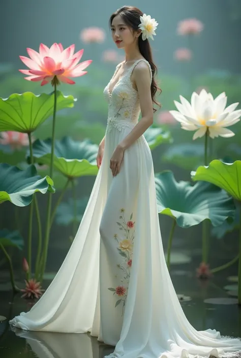 a woman in an elegant, flowing white gown adorned with floral designs. She is standing in a serene environment surrounded by large lotus flowers in various colors, including white and red, along with broad green leaves. The setting resembles a tranquil gar...