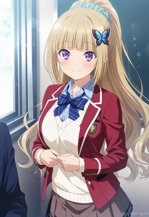 Keikaruizawa、Kei Karuizawa, long hair, bangs, blunt bangs , purple eyes, blonde hair, shirt,  hair ornament, ponytail, scrunchie , blue scrunchie , smile, skirt, shirt, ribbon, school uniform, jacket, red jacket, pleated skirt, butterfly Tie, sweater, blue...