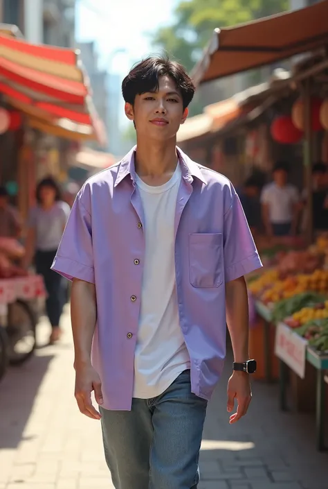 "A handsome Korean man, age 32, with short black hair and fair skin, dressed in a stylish light violet shirt layered over a white T-shirt, walking through a vibrant market during daytime. The scene is highly detailed and realistic, with sharp 8K resolution...