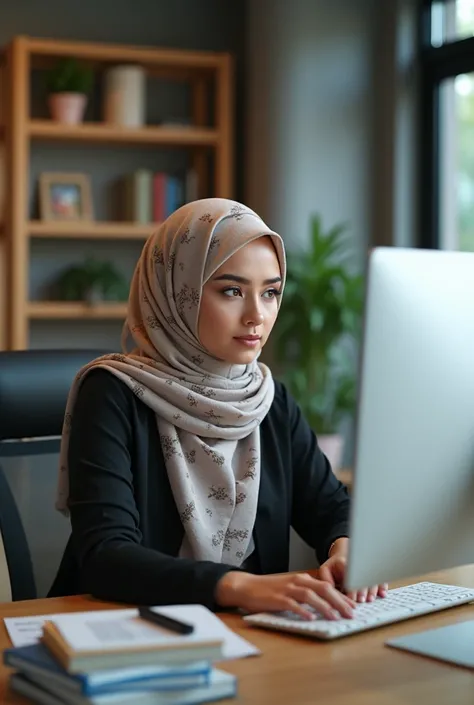 make a hijabi girl pic sitting in an office and working on seo details