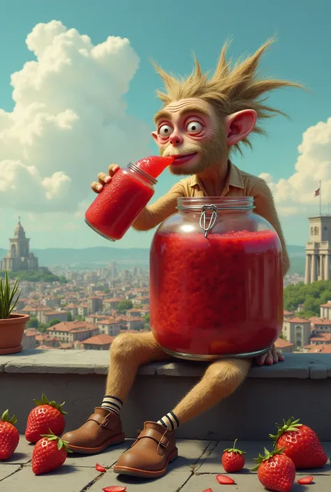 Carloson, who lives on the roof, drinks strawberry jam from a three-liter jar