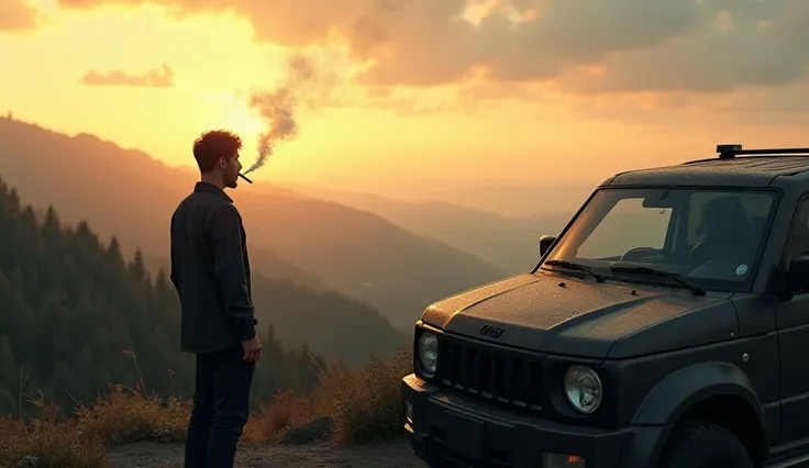 Alone man smoking with car and beautiful view