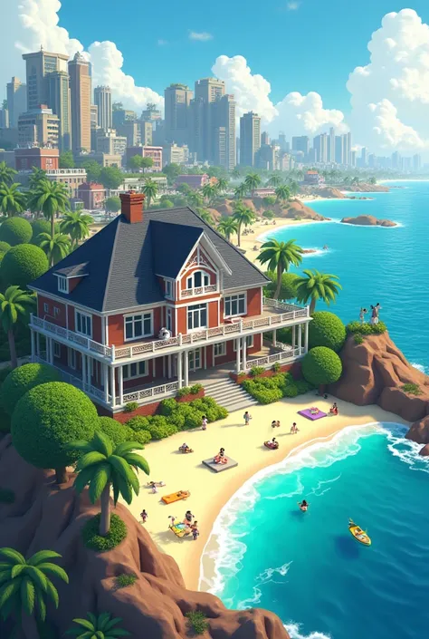  would like a picture of a roblox map, a big house, a beach area, and a city games