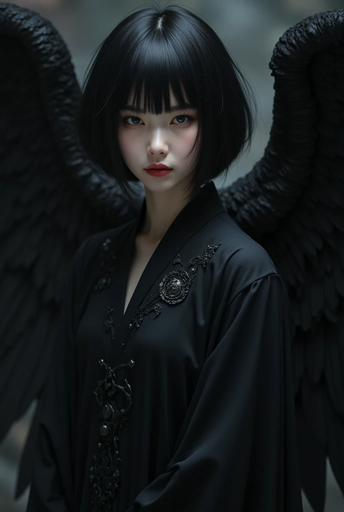 The image of a black angel in the dark with short black hair and bangs. It has oriental characteristics