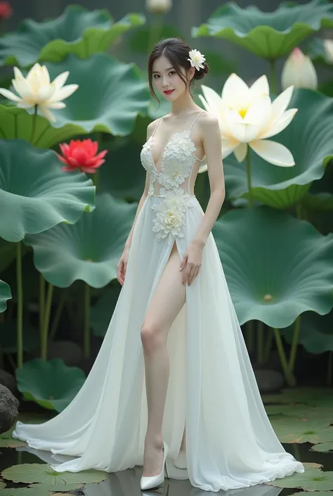 a woman in an elegant, flowing white gown adorned with floral designs. She is standing in a serene environment surrounded by large lotus flowers in various colors, including white and red, along with broad green leaves. The setting resembles a tranquil gar...