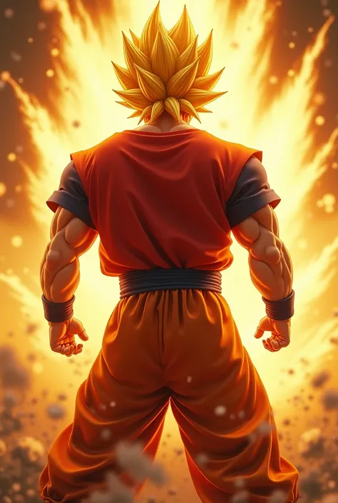 super saiyan goku using oversize red t-shirt, photo shot from the back