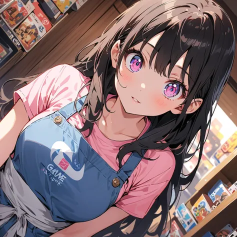  in the seat、Confused Eyes、( game shop clerk 、 casual attire in jeans and a t-shirt at the game store、 shop apron 、At the game store)、 Background Blur、( top quality、 Masterpiece、 high resolution、  Details)、Animeスタイル、 Flat Style 、, break,( beautiful eyes,  ...