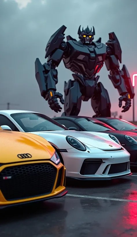 Audi R8 yellow color, porsche 911 GT3 white, and Rolls-Royce black color, neon lights, cloudy weather, blurred background, black Transformers stands tall beside them at the back, realistic, hyper realistic, 8k, high quality. Cars are parked in a row, 