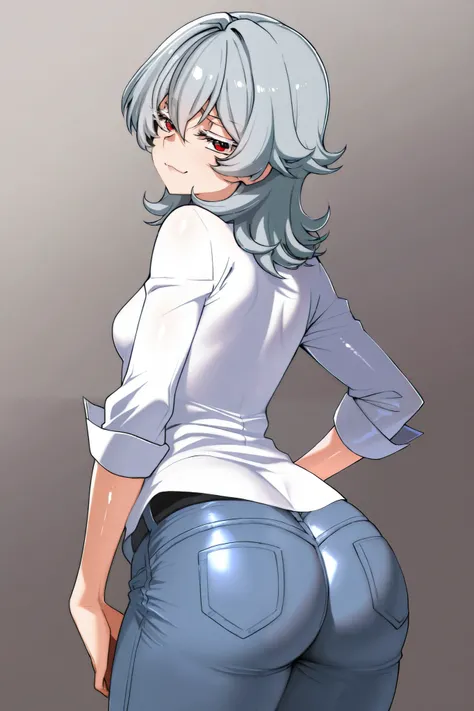 1 girl, grey hair, red eyes, medium hair, tall, black chocker, small breasts, shiny skin, white dress shirt, jeans, thick eyelashes, white eyelashes, mature female, smug, ass, from behind, innovators (gundam 00)