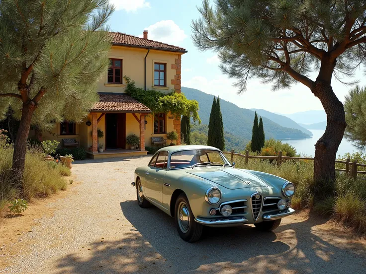 Imagine a villa in the countryside,  Its design is rustic style in the year 1900, A Giulietta Alfa Rome, built in 1960, is parked in the garden car park, There are olive trees around, In the distance is the sea visible, Mediterranean style, ultra perfect d...