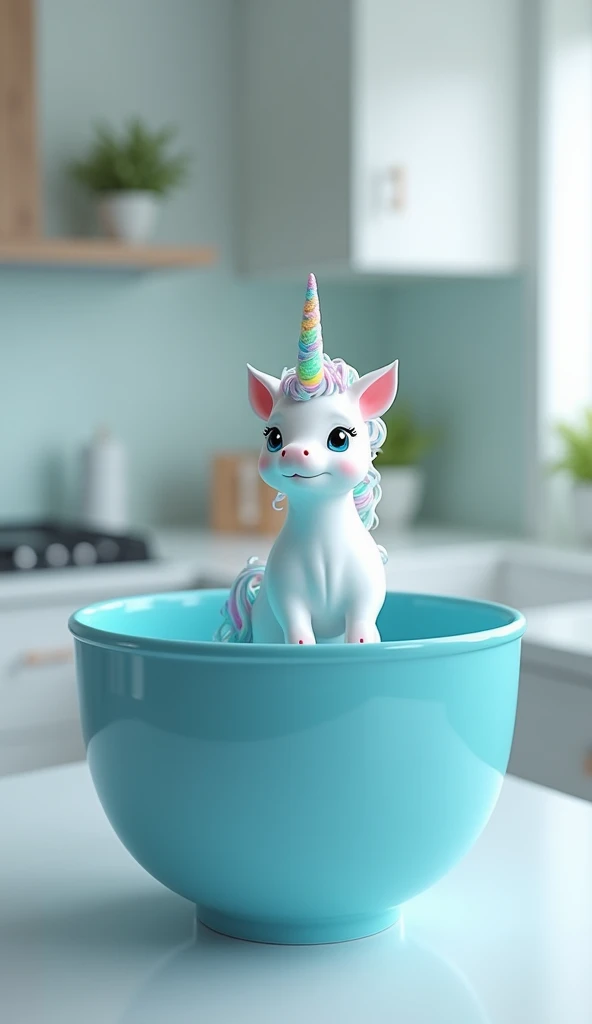 Unicorn in a blue bowl bigger than him on a cute white kitchen counter