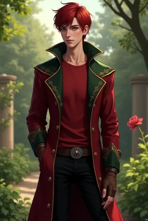 In CG-Art-Stil.  A young adult  ( approx. 18 years ) man,  slightly muscular .  dark red short hair  (Caeser Cut ),  green eyes. The clothes: stiefel,  black pants, Red shirt,  plus a long dark red coat with green pattern on the bottom and sleeves and fing...