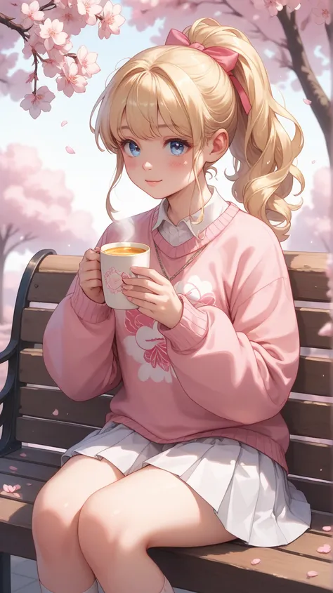 A radiant young girl with honey-blonde hair tied into a loose, wavy ponytail, sitting on a park bench under the soft glow of cherry blossoms. She wears an oversized pastel pink sweater that drapes over her frame, paired with a pleated white skirt. Her brig...