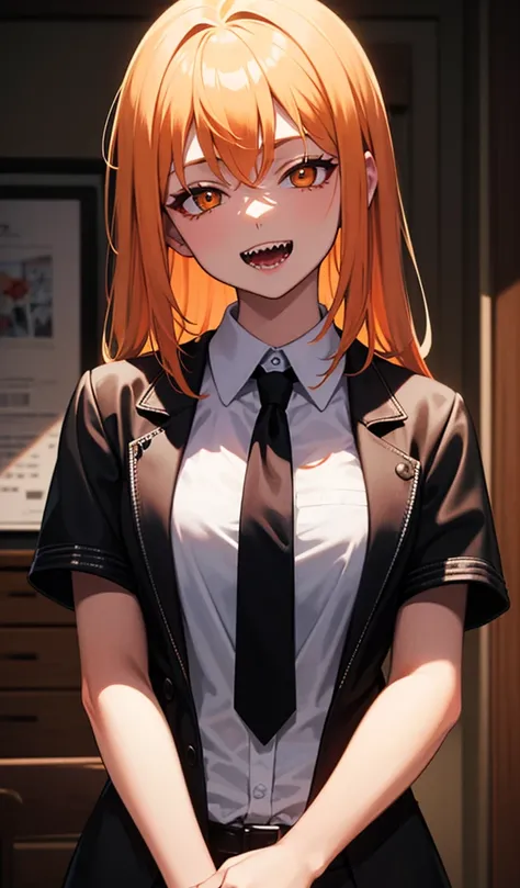 best quality, masterpiece, highres, solo, (power_chainsawman:1.10), 1girl, black jacket, black necktie, collared shirt, looking at viewer, sharp teeth, white shirt, smile, open mouth, upper body, blood, indoors, orange eyes, weapon, anime_style, 5 