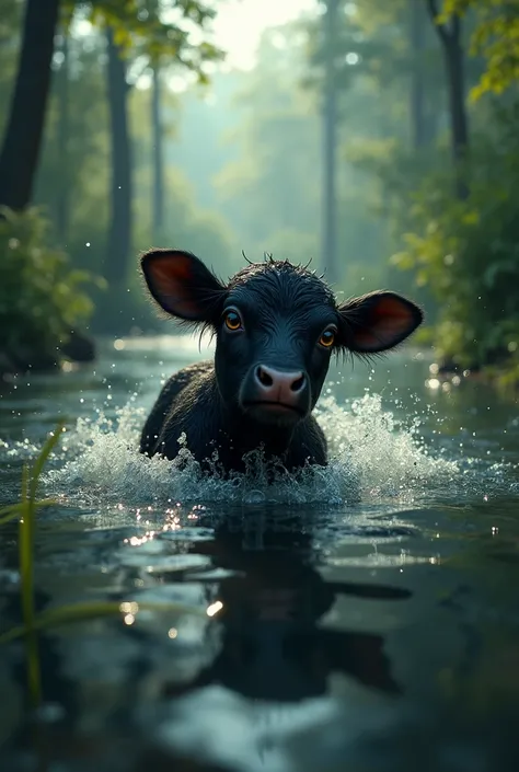 A black calf falls into a huge pond. And he is drowning and he is very scared