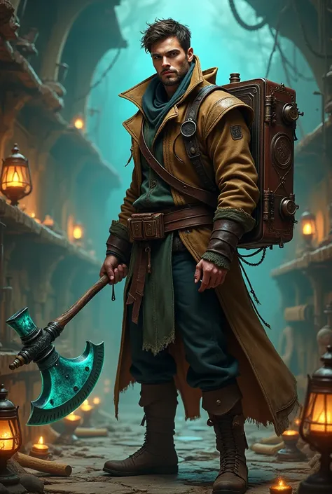 Attractive man, 30 years old, handsome man, Thaumaturge, rags, steampunk, ars obscura, glowing iron axe in one hand, a backpack that is a big old musty book, spellbook, a glowing lantern with turquoise light, scrolls, amulets, esoterica, monster hunter, ar...