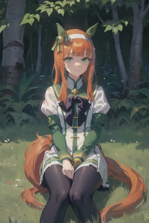 masterpiece,realistic, 1girl,silence suzuka (umamusume),silence suzuka(Racing),horse girl,horse ears,horse tail,orange hair,green eyes,long hair,ear covers,hairband,black gloves,black bowtie,layered sleeves,purple pantyhose,asymmetrical footwear,solo,on gr...