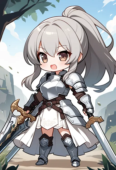 a cute chibi style girl, 1girl, armor, weapon, sword, holding, solo, breastplate, holding-weapon, ((long-hair) 1:1), ponytail, grey-hair, holding-sword, open-mouth, fingerless-gloves, shoulder-armor, gloves, dress, boots, standing, helmet, armored-boots, w...