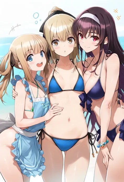 (3girls, harem, group picture) (3girl bikini ocean watersplash bubble）3girls, small breasts, 3girls,,sawamura sponcer eriri, Megumi katou,Kasumigaoka Utaha best quality ( best quality )、(Nonsense)、( very detailed)、( very beautiful way to hold ) information...