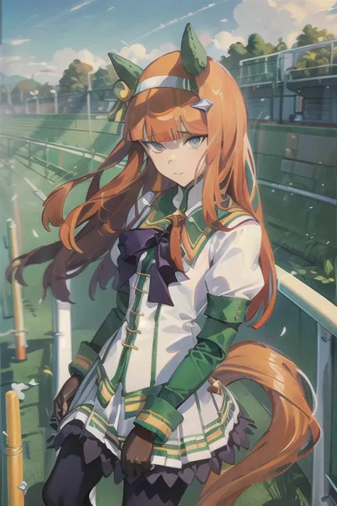 masterpiece,realistic, 1girl,silence suzuka (umamusume),silence suzuka(Racing),horse girl,horse ears,horse tail,orange hair,green eyes,long hair,ear covers,hairband,black gloves,black bowtie,layered sleeves,purple pantyhose,asymmetrical footwear,solo,on gr...