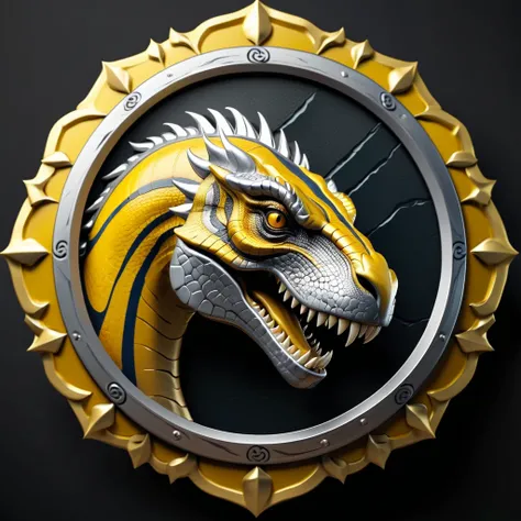 Realistic Round Shield Shape Emblem of a Chinese Platinum&Yellow Allosaurus Head, Dark Theme, Face and Body, Cool, Platinum&Yellow, Platinum&Yellow Allosaurus For Honor Name, Cinematic, Dark Fantasy, Illustration, 4k, Ultra Resolution, 3Dv0.2v0.2 Render