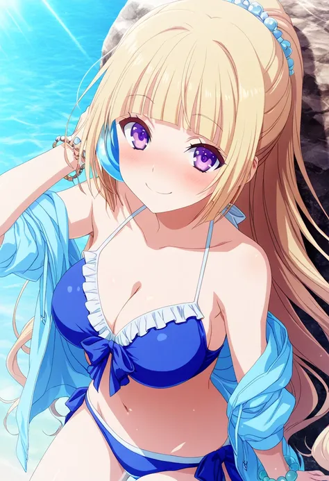 Keikaruizawa、Kei Karuizawa, long hair, bangs, blunt bangs , purple eyes, blonde hair,smile,,smile,,(1girl bikini ocean watersplash bubble）best quality ( best quality )、(Nonsense)、( very detailed)、( very beautiful way to hold ) information best quality 、 Ul...