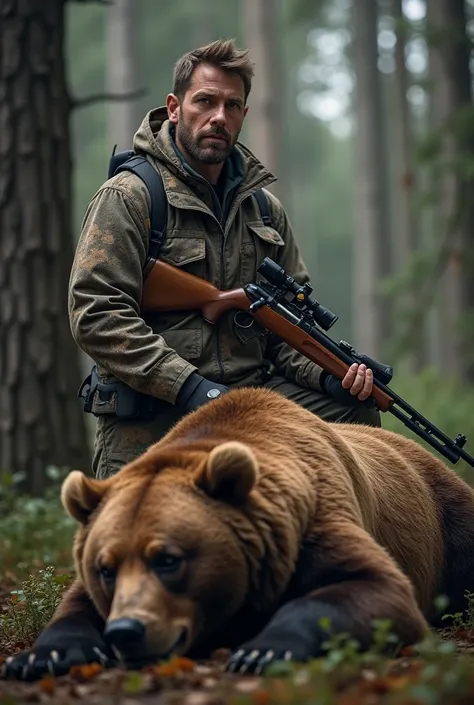 Now, use my face and make a photo with brown bear, killed. In my right arm put rifled gun, and behind me, make a treestand, or closed treestand.