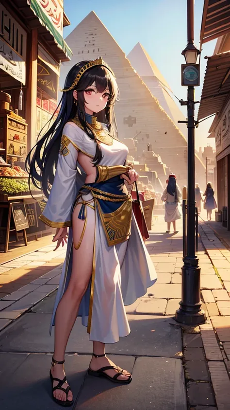   high-res ， landscape、 A market unique to the Middle East from a slightly older era, shopping mall,   Long-haired girl in Egyptian costume  、Market background on a hill overlooking the pyramids 。