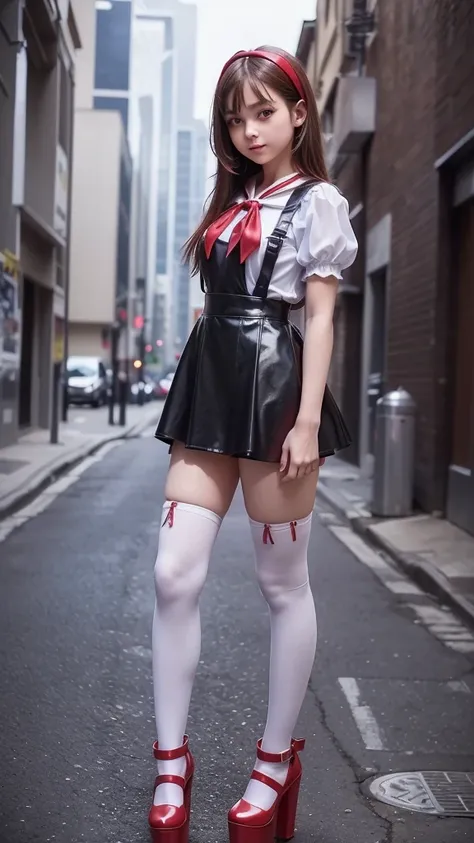 ((full body)), front view fitted figure , cute  beautiful schoolgirl, beautiful cute    face with big lips , ((girly and sweet)), (confident), (smile), ((very detailed character)), (((girl is just 12 y.o.))), ((High Waisted red leather skater pinafore dres...