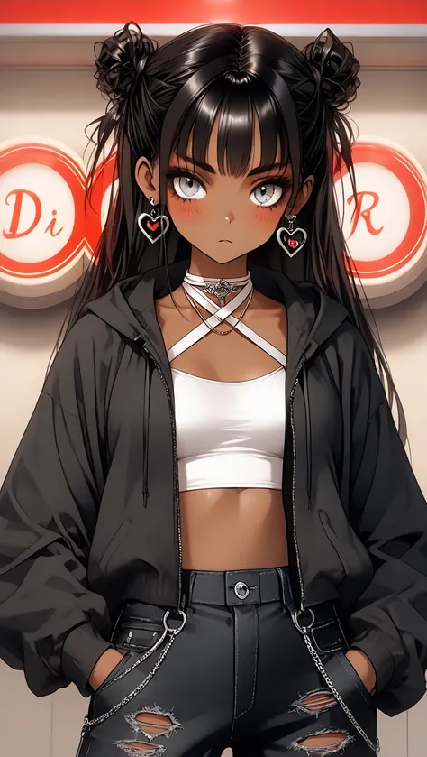 1Girl, Mature, Ebony, African American, Dark Skin, Jet Black Long Straight Hair, Small Double Buns, Ash Grey Eyes, Medium Chest, White Halter Crop-Top, White Cropped High-Cut Hoodie, Black Ripped Jeans, Jewelry, Heart Earrings, Looking At Viewer, Bored, Se...